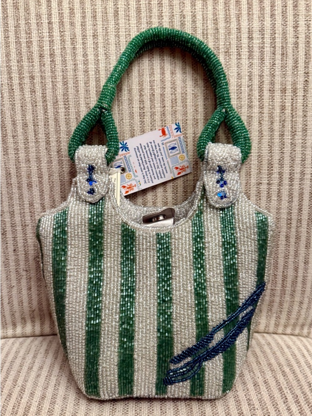 New!! Made in India Green, White and Blue Beaded Fish/Sardine stripe bucket bag - Picture 2 of 2